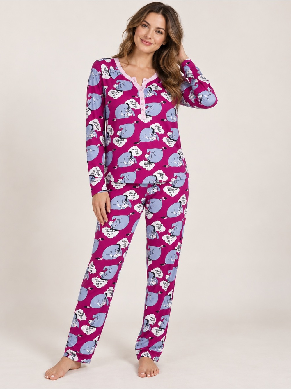 Disney Eeyore "Weekend I Love You" Velour Pajama 2-Piece Set Pink Fleece M